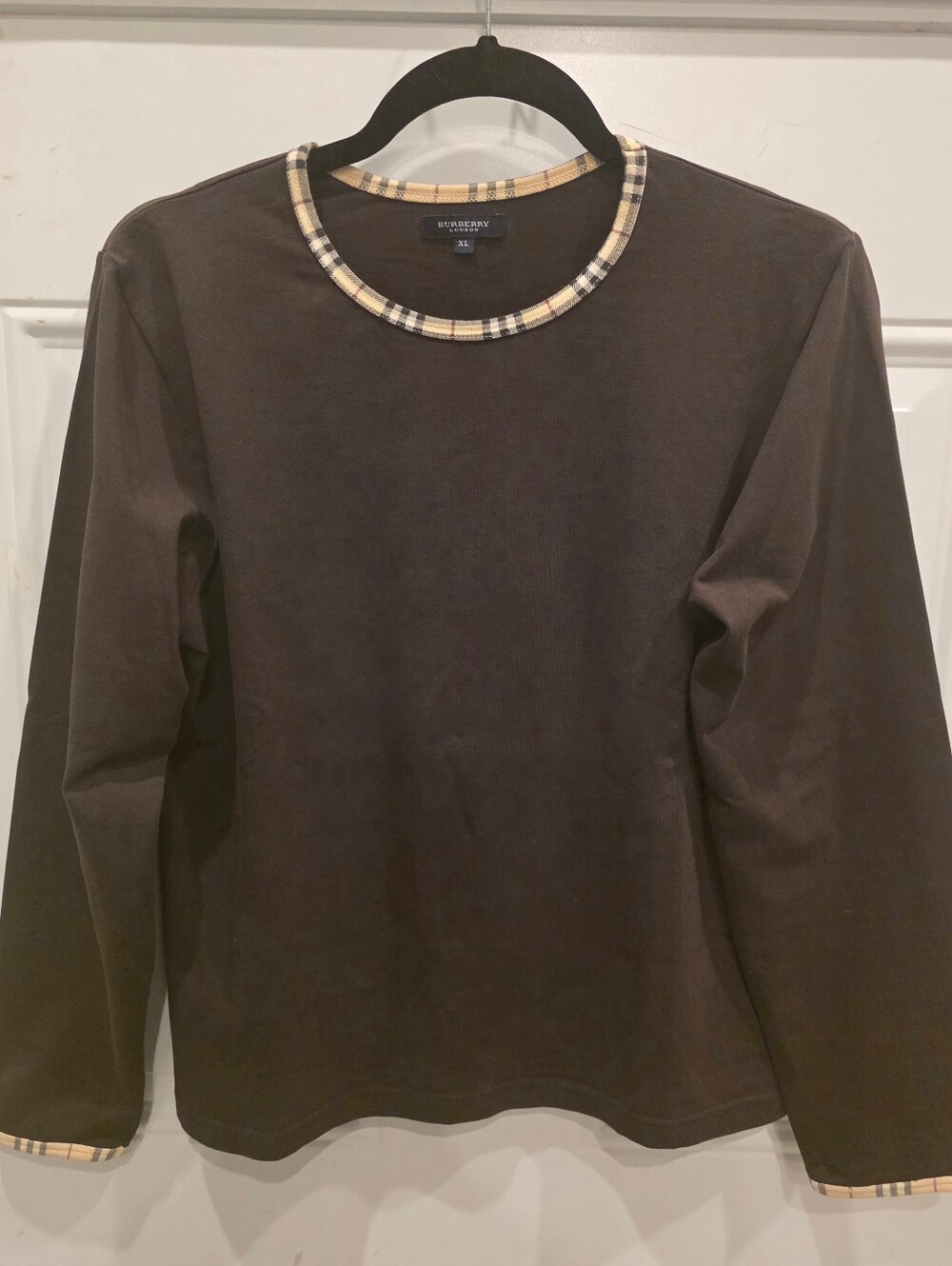 Burberry Long-Sleeve Crewneck Shirt with Signature Check Trim